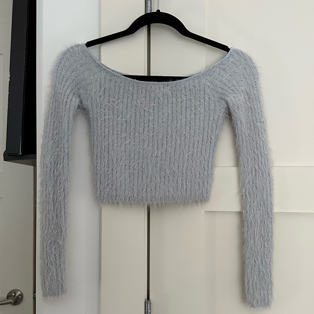 Curiosity Pastel Blue Fuzzy Off the Shoulder Sweater